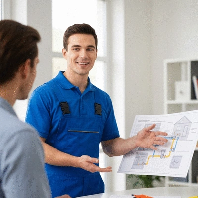 Professional plumber advising a homeowner on sewage system maintenance