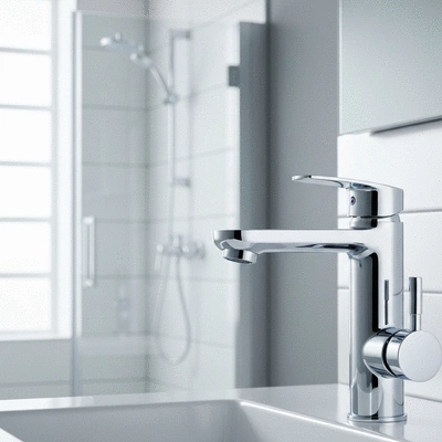 Water-saving faucet in a modern bathroom, with a blurred background, clean and bright, no text, no words, no typography, clean image