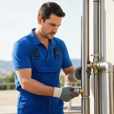 Gros plan sur un plombier en bleu de travail, mains gantées, travaillant sur une installation de tuyauterie moderne, outils flous en arrière-plan, lumière naturelle