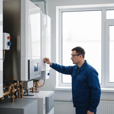 Professional technician inspecting a boiler in a clean utility room