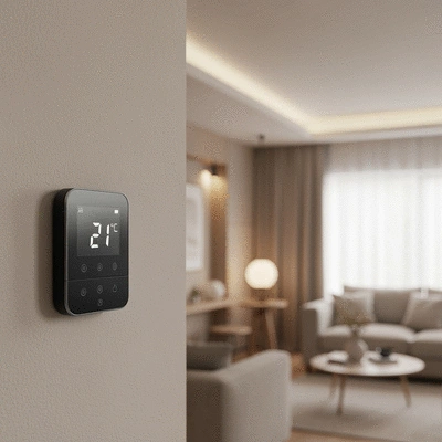 Thermostat on a modern wall, showing temperature settings