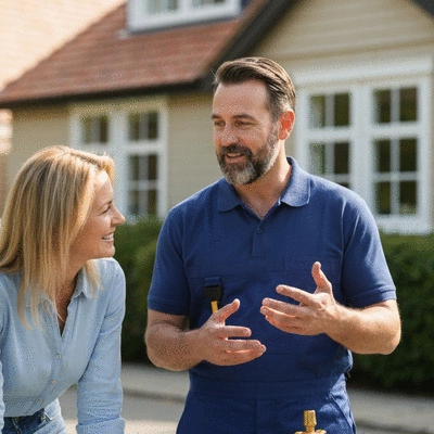 Plombier discutant avec un client devant une maison, mettant en avant le service client et la communication, no text, no words, no typography, 8K, natural lighting