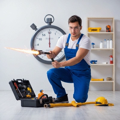 Plombier en intervention d'urgence, avec des outils et un chronomètre, illustrant la rapidité