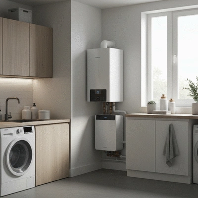 Modern heating boiler in a clean utility room