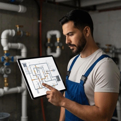 Plumber inspecting a sewage system diagram