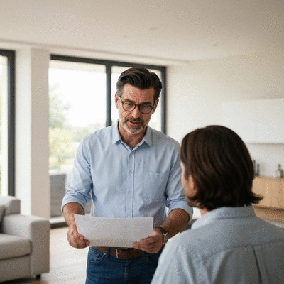 Expert explaining DPE report to Nimes homeowner, clean image