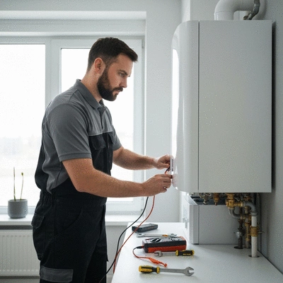 Plombier-chauffagiste certifié inspectant une chaudière moderne avec des outils, environnement propre et professionnel, lumière naturelle, no text, no words, no typography, 8K