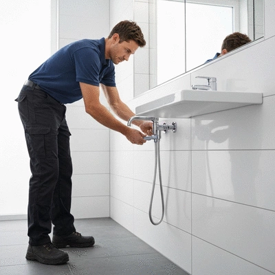 Plumber installing a new faucet in a modern bathroom, professional, clean environment, no text, no words, no typography, no labels, clean image