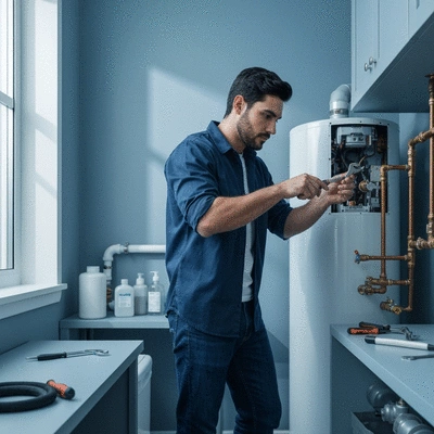 Technician repairing a water heater