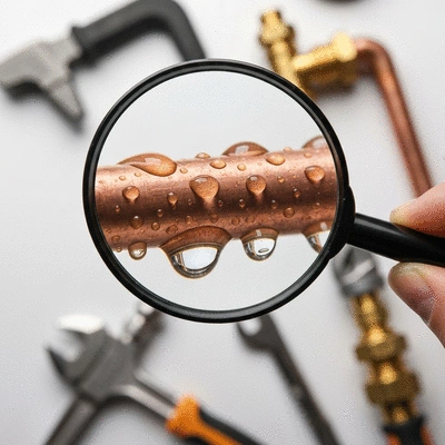 Magnifying glass inspecting a pipe, symbolizing plumbing costs and maintenance