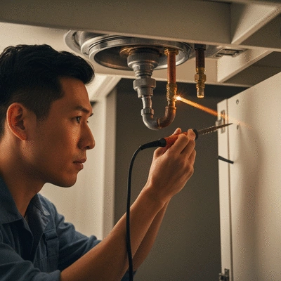 Gros plan sur les mains d'un plombier travaillant sur des tuyaux sous un évier, outils en arrière-plan