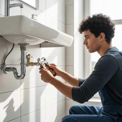 Plombier professionnel installant des tuyaux dans une salle de bain moderne