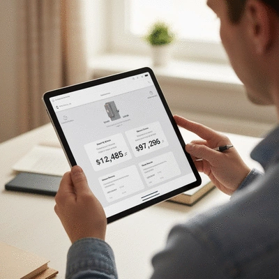 Person using a tablet to review heating system repair costs and maintenance plans, clean image, no text