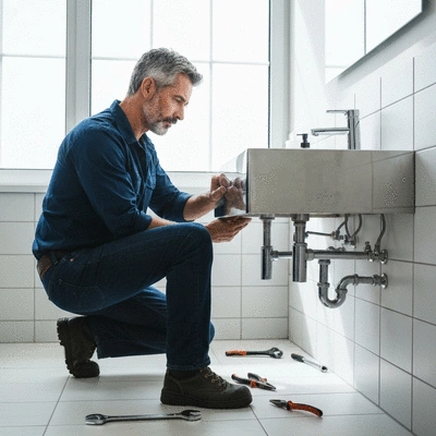 Plombier examinant des tuyaux dans une salle de bain moderne