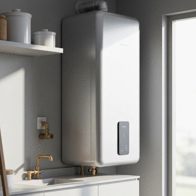 Modern water heater in a clean utility room