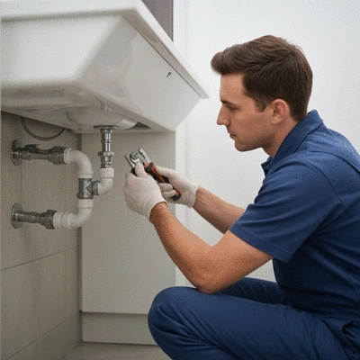 Plumber checking pipes in a modern home