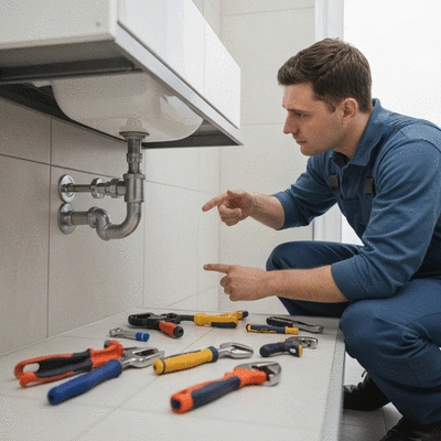 Plombier examinant une fuite d'eau, outils de plomberie à proximité