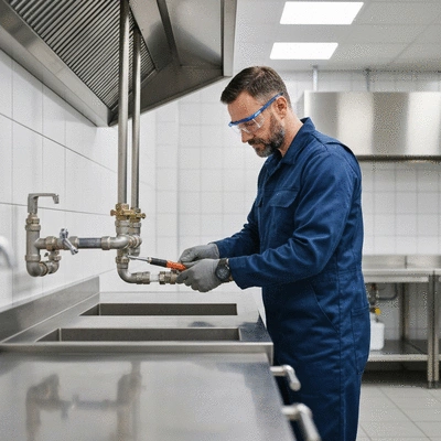 Plumber working on commercial plumbing system