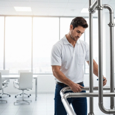 Plumber working on commercial pipes, professional and clean environment