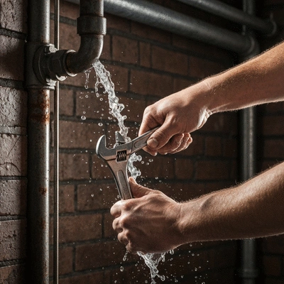 Gros plan sur les mains d'un plombier utilisant une clé à molette pour réparer un tuyau, no text, no words, no typography, clean image