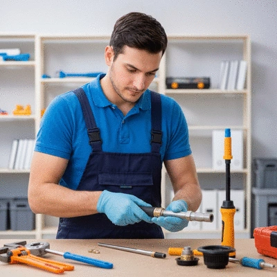 Plombier professionnel réparant une fuite d'eau, outils de plomberie à proximité