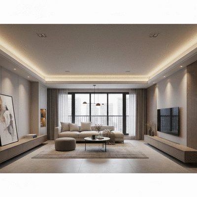 Modern living room with underfloor heating, warm lighting, no text, no words, no typography, clean image