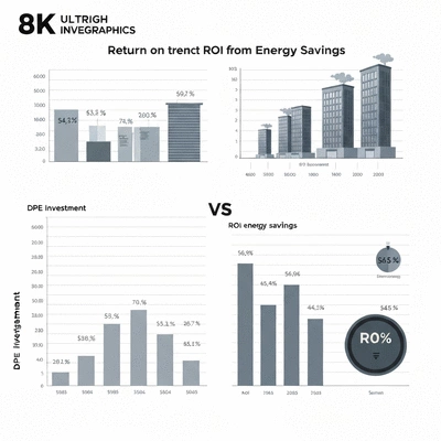 Infographic showing DPE investment vs. ROI from energy savings, no text, no words, no typography, clean image