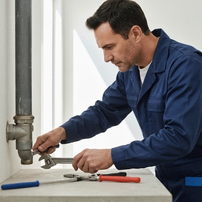 Plombier professionnel réparant un tuyau, mettant l'accent sur les outils et la technique, no text, no words, no typography, 8K, natural lighting