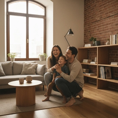 Family enjoying a comfortable, eco-friendly home with a modern interior