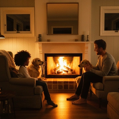 Family discussing heating options with a professional in a modern living room, focus on comfort and energy efficiency