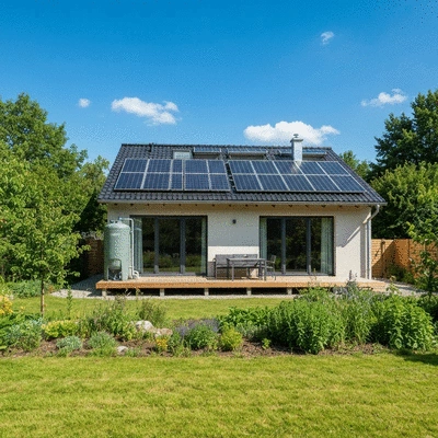 Eco-friendly home with solar panels and rainwater harvesting system