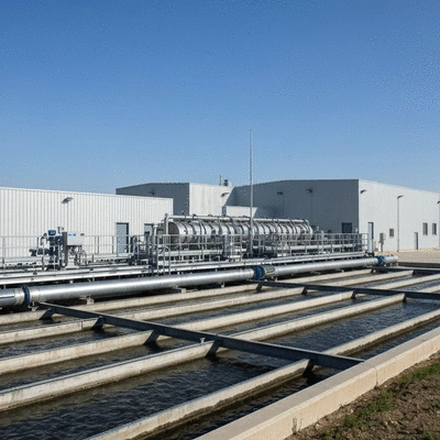 Modern water treatment facility in Nîmes, clean and efficient looking, no text, no words, no typography, no labels, clean image