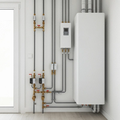 Modern heating system in a Nîmes home, with pipes and controls clearly visible, clean image, no text