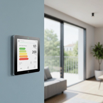 Close-up of a modern thermostat showing energy savings, in a home in Nîmes, France