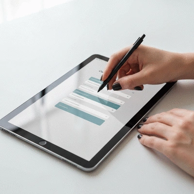 Hands filling out an online inquiry form on a tablet for plumbing services