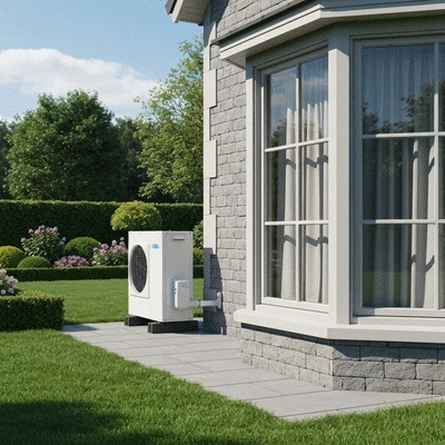 Modern heat pump unit installed outside a house