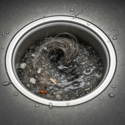Close-up view of clogged residential drain with hair and debris