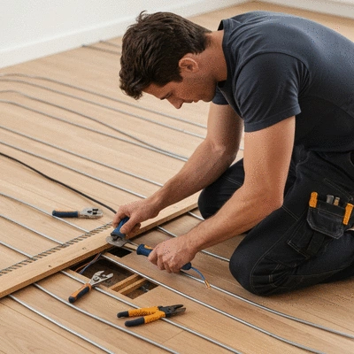 Un technicien installant des câbles de chauffage électrique sous un plancher, avec les outils nécessaires, no text, no words, no typography, clean image