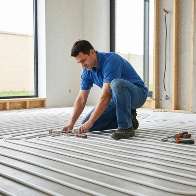 Professional plumber installing underfloor heating pipes in a new construction, tools, focus on work, no text, no words, no typography, clean image