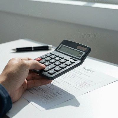 Hand holding a calculator over a plumbing invoice, symbolizing cost evaluation and transparency