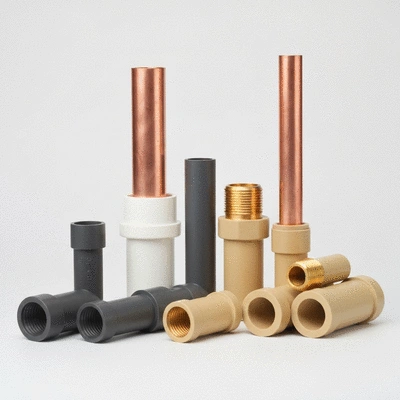 Modern plumbing pipes made of durable materials like copper, PVC, and PEX, neatly arranged against a clean background, no text, no words, no typography, clean image