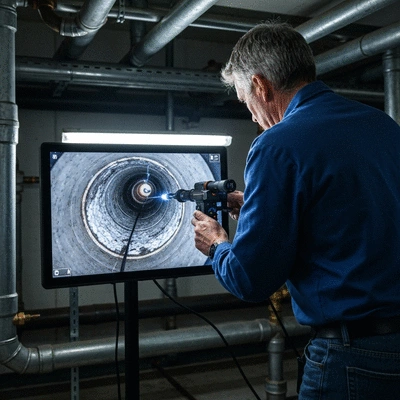 Professional technician performing a video inspection of hidden pipes