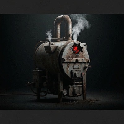 Chaudière ancienne en panne avec de la fumée, des fuites et des bruits, ambiance sombre et inquiétante, pas de texte, pas de mots, pas de typographie, 8K, haute résolution, photographie de produit