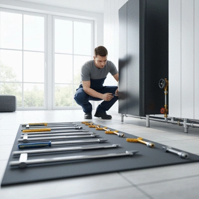 Professional technician inspecting a heating system in a modern home, with tools, clean image, no text