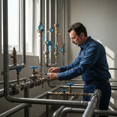 Professional plumber inspecting a commercial plumbing system