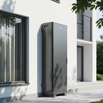 Modern heat pump unit installed outside a house, clean image, no text, no words, no typography