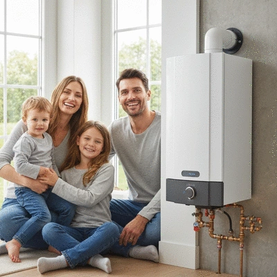 Family in a safe and warm home next to a well-maintained boiler