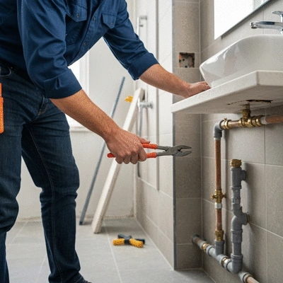 Professional plumber inspecting pipes in a modern bathroom during renovation, focus on tools and plumbing, no text, no words, no typography, clean image