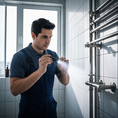 Plombier professionnel inspectant des tuyaux de plomberie avec une lampe de poche, ambiance propre et moderne