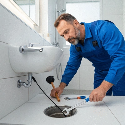Plumber inspecting a residential drain with specialized tools